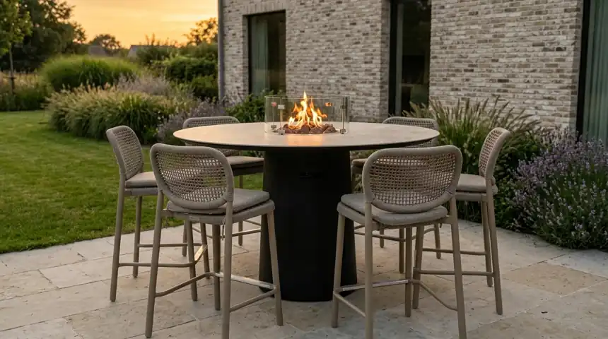 [BEL-ICONIC-SET] Table brasero Iconic Fire Ø 150 cm et chaises de bar Dublin – Belmondo (ensemble complet)
